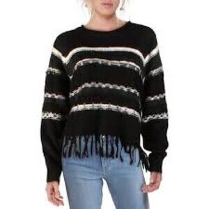 John+Jenn Fringed Knit Mockneck Black Sweater XS